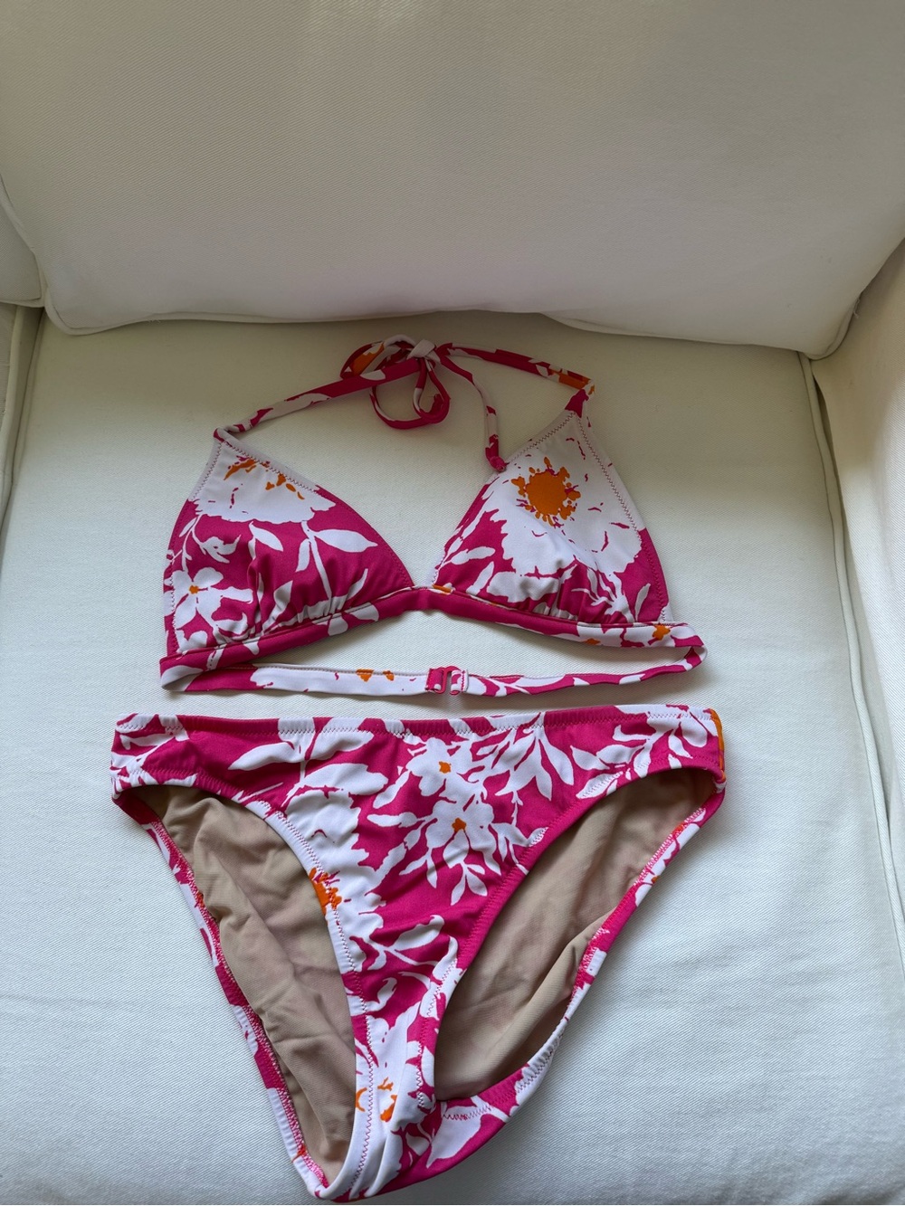 Vintage J. Crew Pink, White and Orange Floral Bikini Never Worn Size L